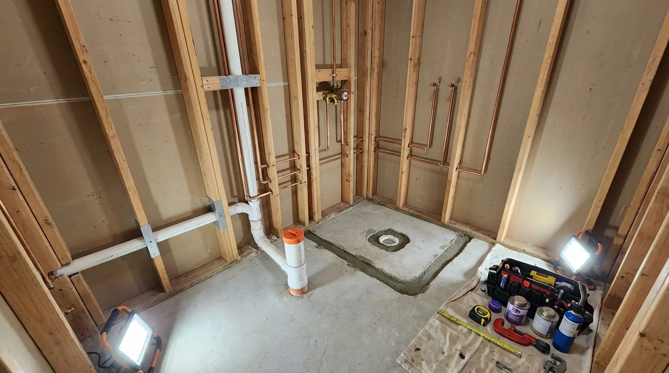 Bathroom rough-in plumbing during remodel by Johns Plumbing LLC in Denmark