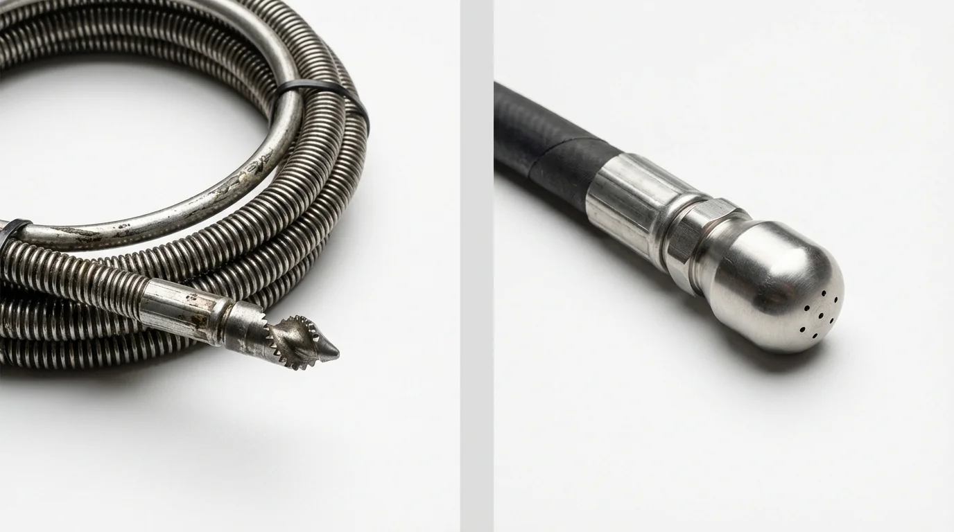 Drain snake cable and hydro jetting nozzle used for drain cleaning in Denmark, WI