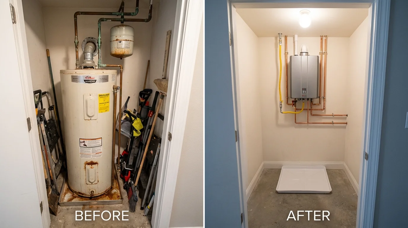 Tank water heater versus wall-mounted tankless unit comparison for Denmark, WI homeowners