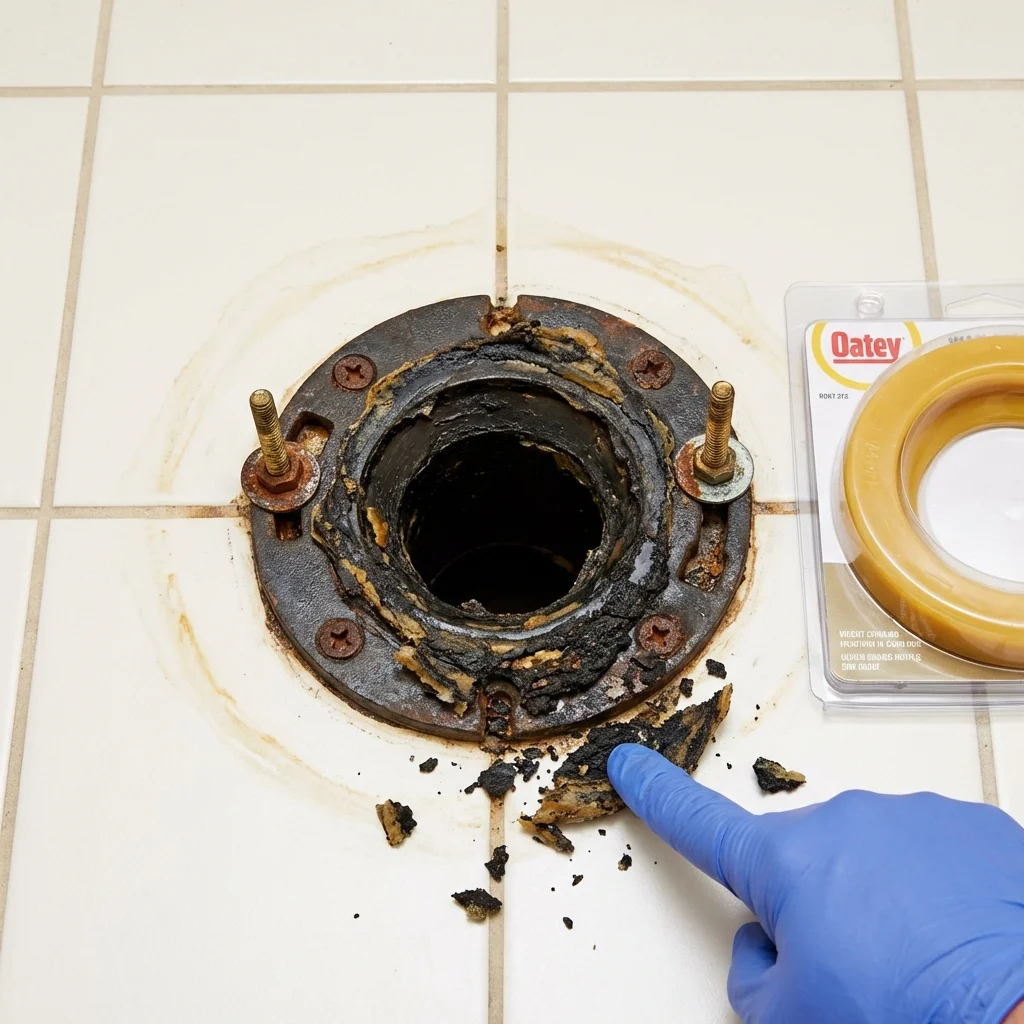 Failed wax ring showing water seepage at the base of a toilet in a Denmark, WI home