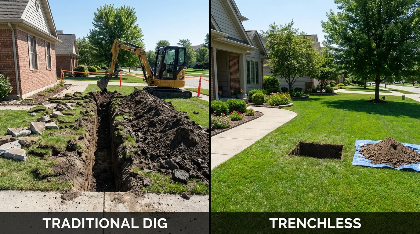 Trenchless sewer repair with minimal yard damage versus traditional excavation in Denmark, WI