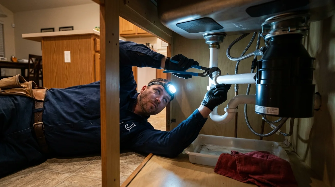 P-trap and supply line connections under a kitchen sink showing a common leak point in Denmark, WI